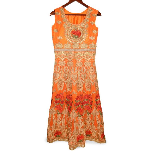Stunning Orange & Gold Embroidered Anarkali Gown Indian Dress Suit Wedding - Picture 4 of 16